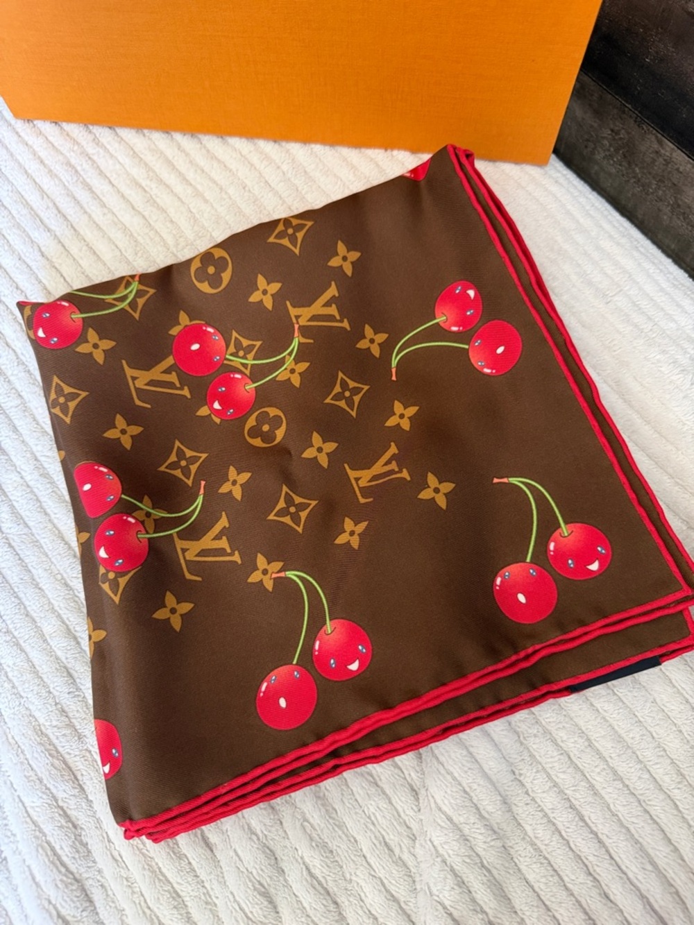 Louis Vuitton Brown Monogram Cherry Silk Scarf - Red Accents - Picture 4 of 8